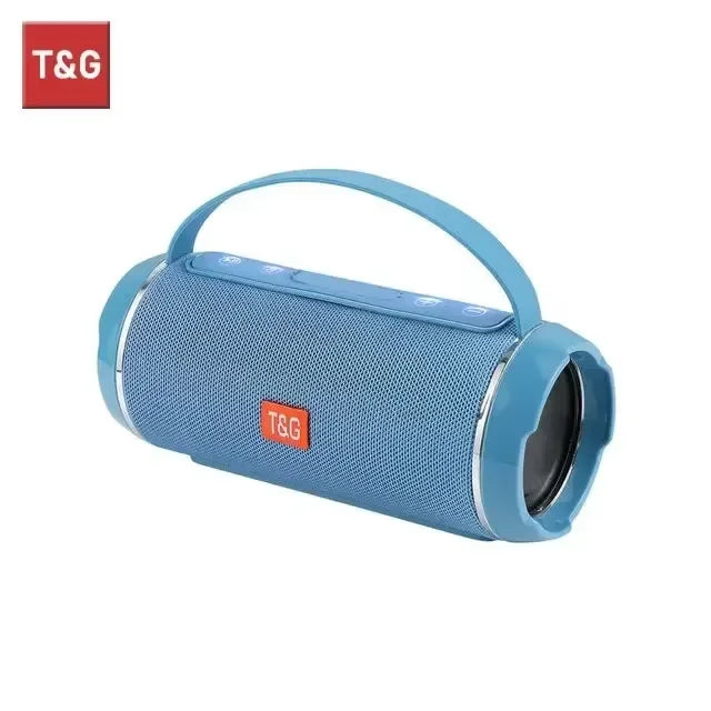 Blue portable speaker with T&G logo on a white background