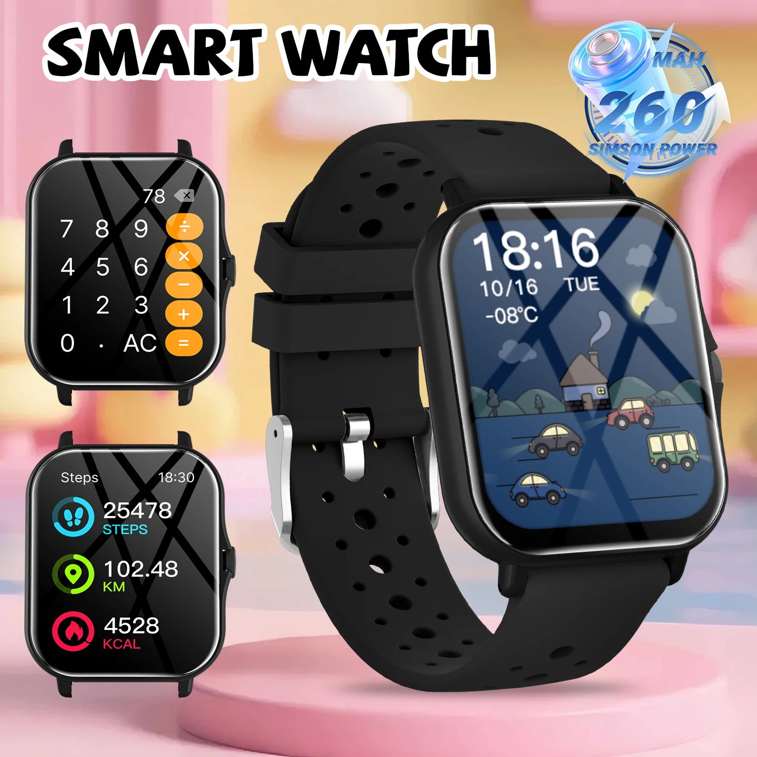 Smart watch with various display screens on a colorful background