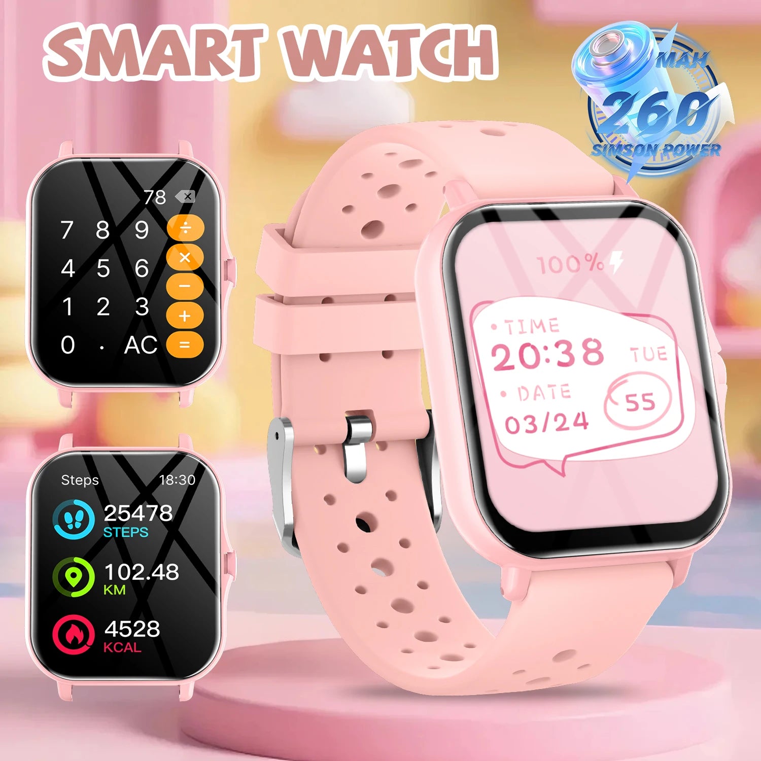Smart watch with pink band on a colorful background