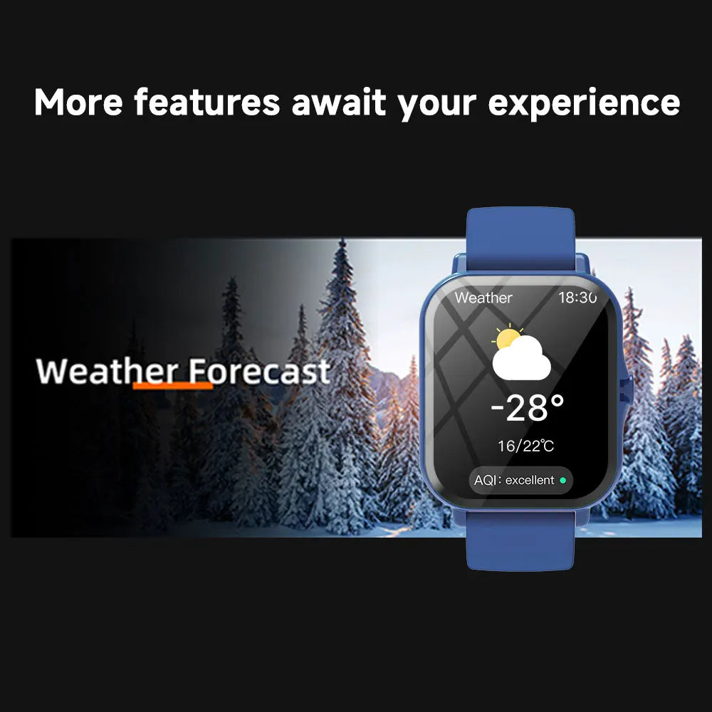Smartwatch displaying weather information with a snowy landscape background