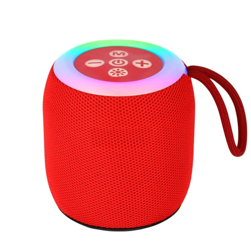 Red portable speaker with colorful top panel on a white background