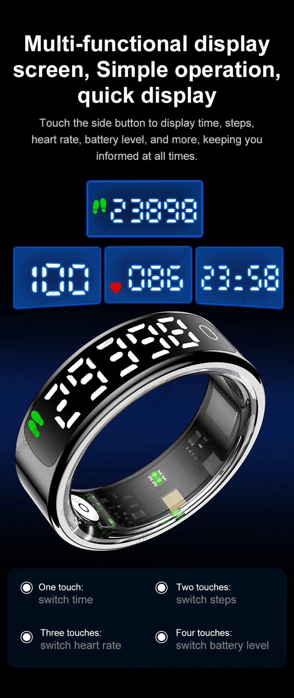 Smart ring with digital display on a dark background