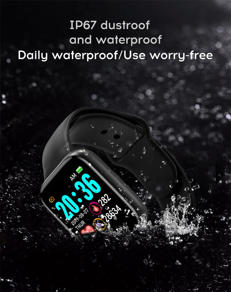 Black smartwatch with water splashes on a dark background, emphasizing waterproof feature.