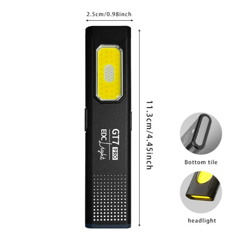 Compact flashlight with dimensions and features highlighted on a white background