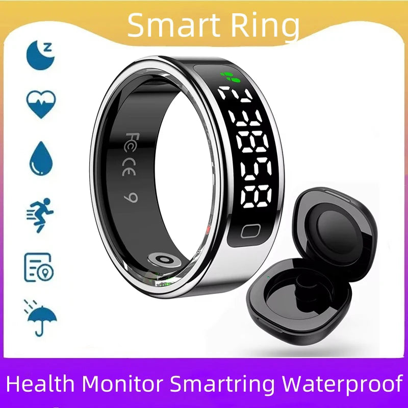 Smart ring with digital display and health monitor features on a colorful background