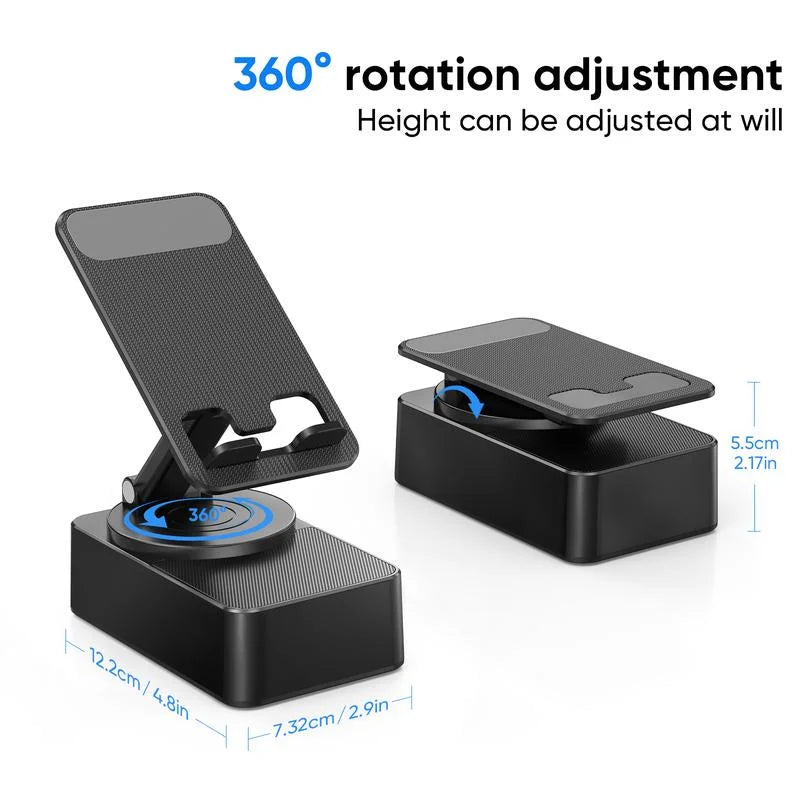 Black phone stand with 360-degree rotation adjustment feature on a white background