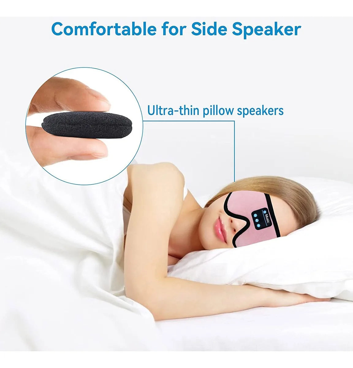 Person wearing a sleep mask with ultra-thin pillow speakers, emphasizing comfort.