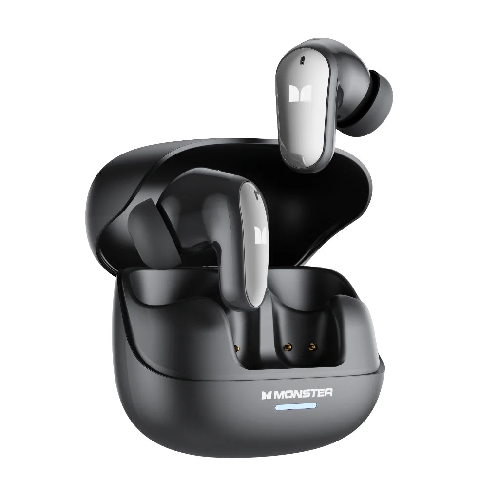 Black wireless earbuds with charging case on a white background, featuring the Monster brand.