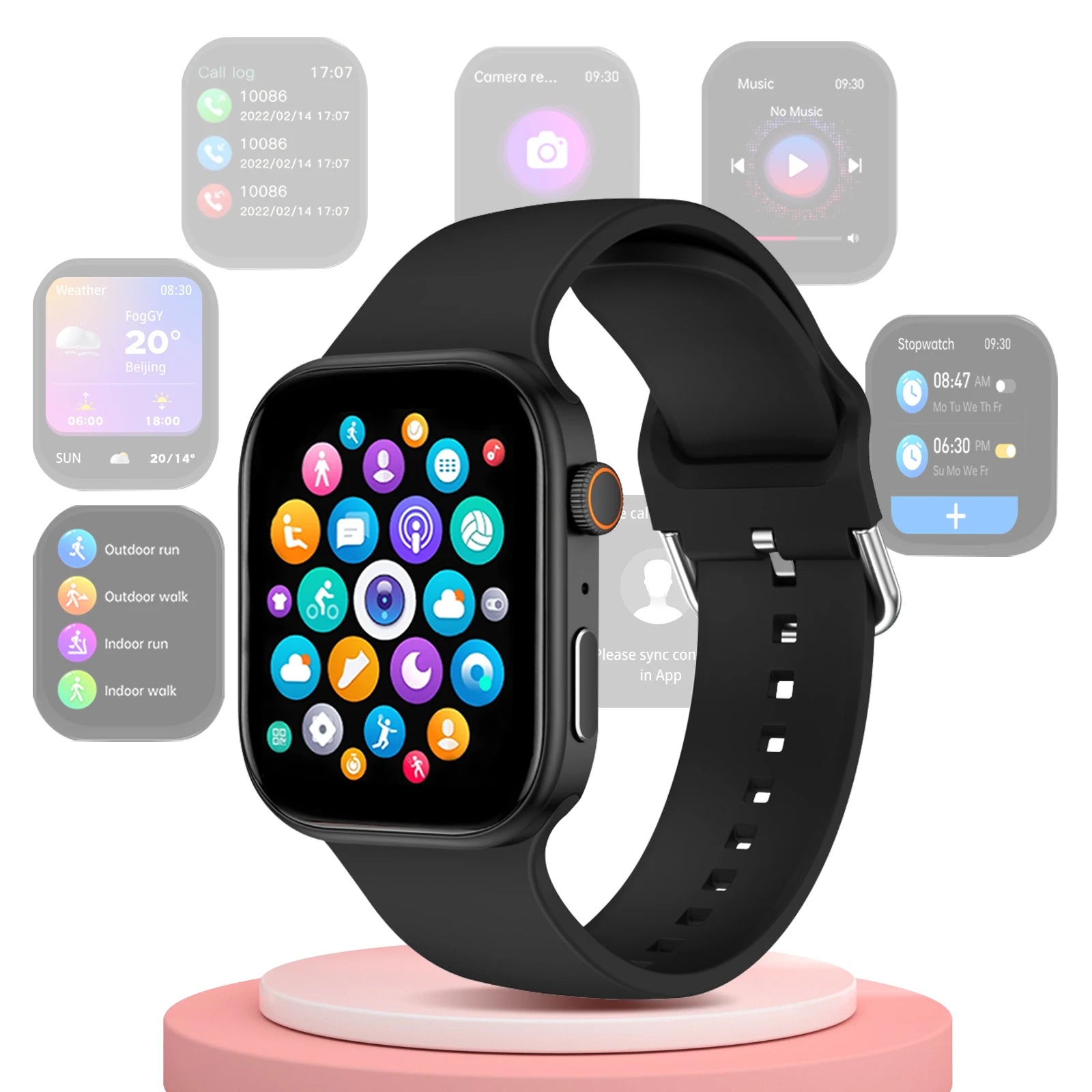 Smartwatch with app icons displayed on a white background