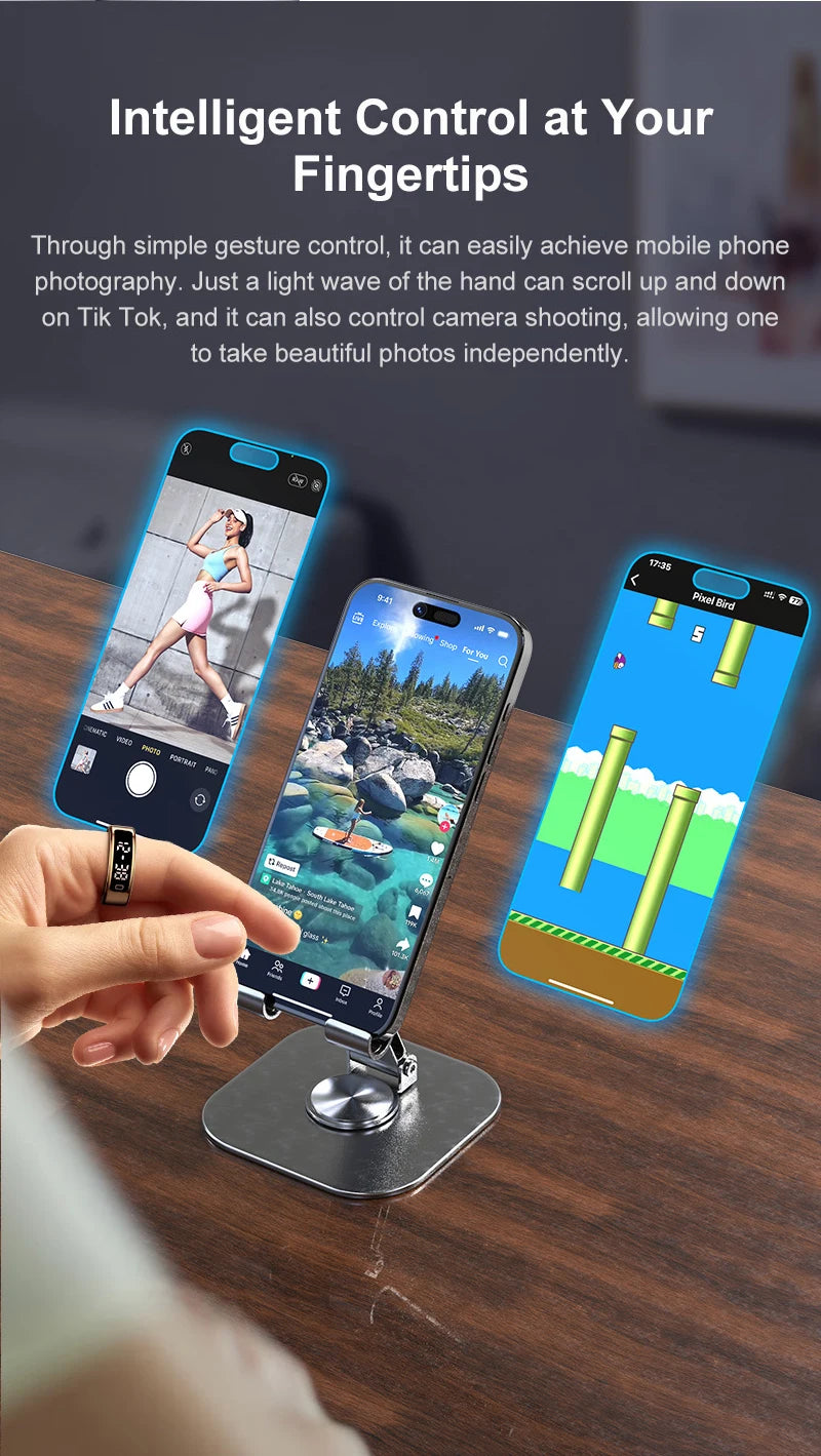 Smartphone with a blue case on a stand, displaying a TikTok app, with text about intelligent control.