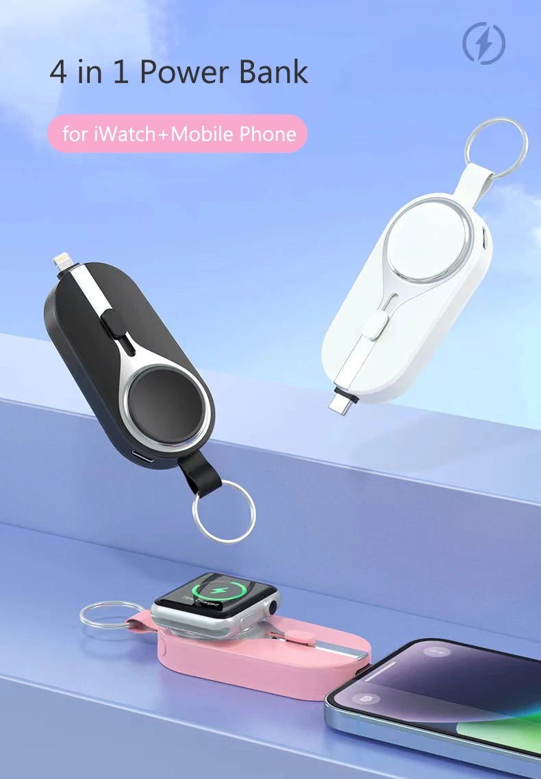 4-in-1 power bank with car charger, keychain, and phone stand on a blue background