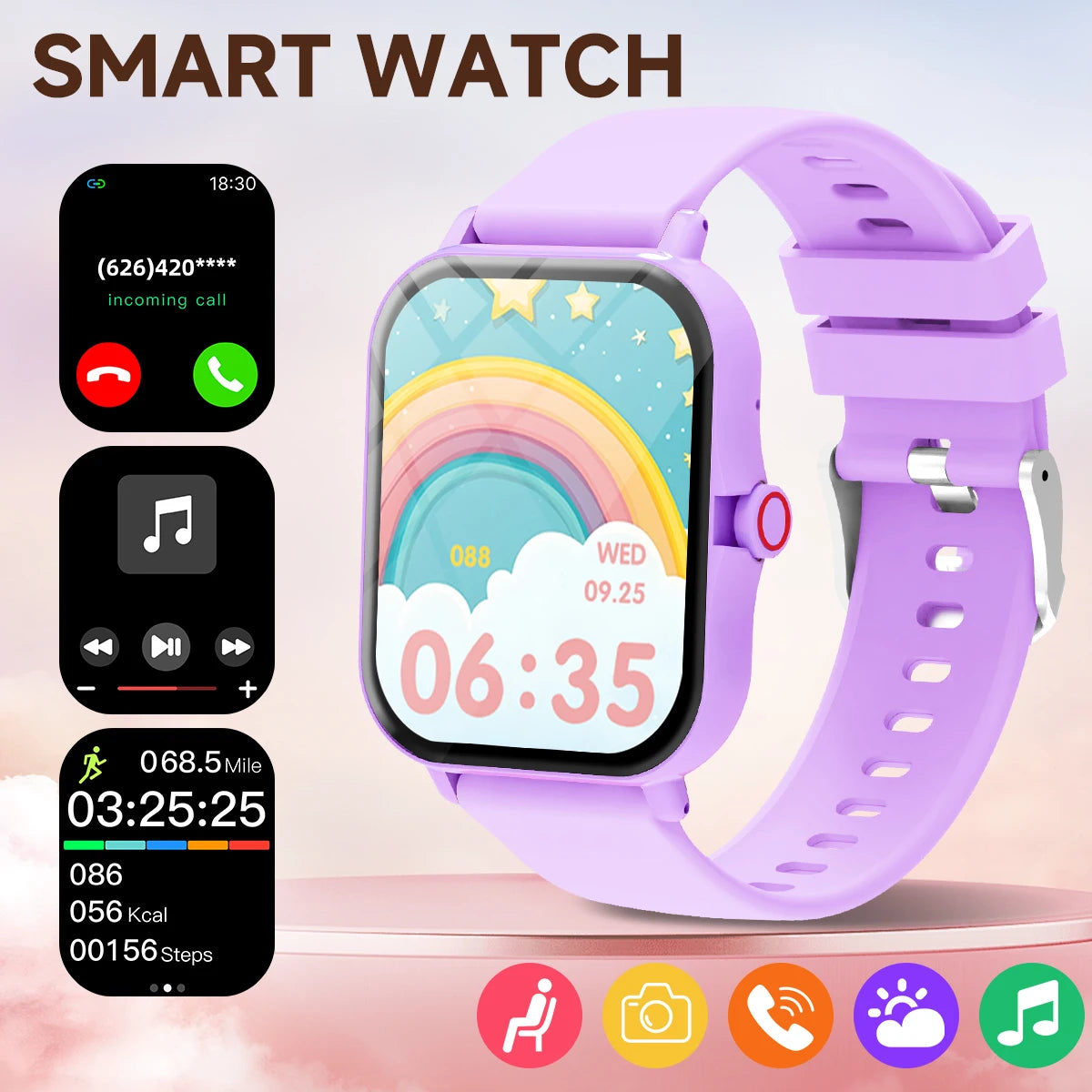 Smart watch with a purple band on a light pink background, displaying various app icons.