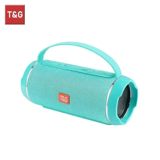 Turquoise portable speaker with T&G logo on a white background