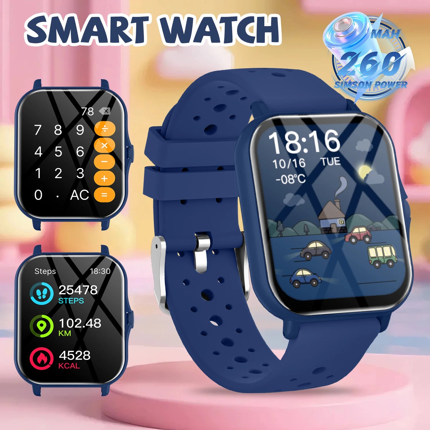 Smart watch with blue band on a colorful background