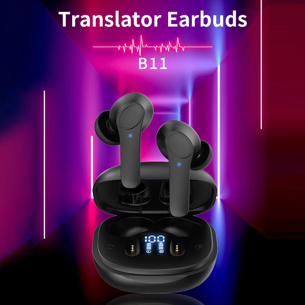Black translator earbuds with charging case on a reflective surface with a colorful background