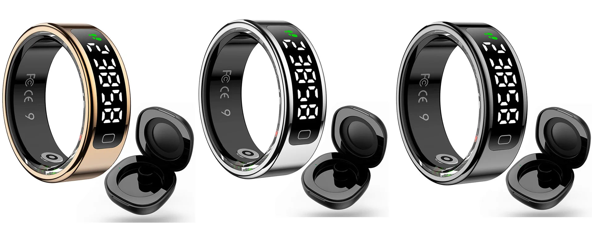 Set of smart rings with digital displays on a white background