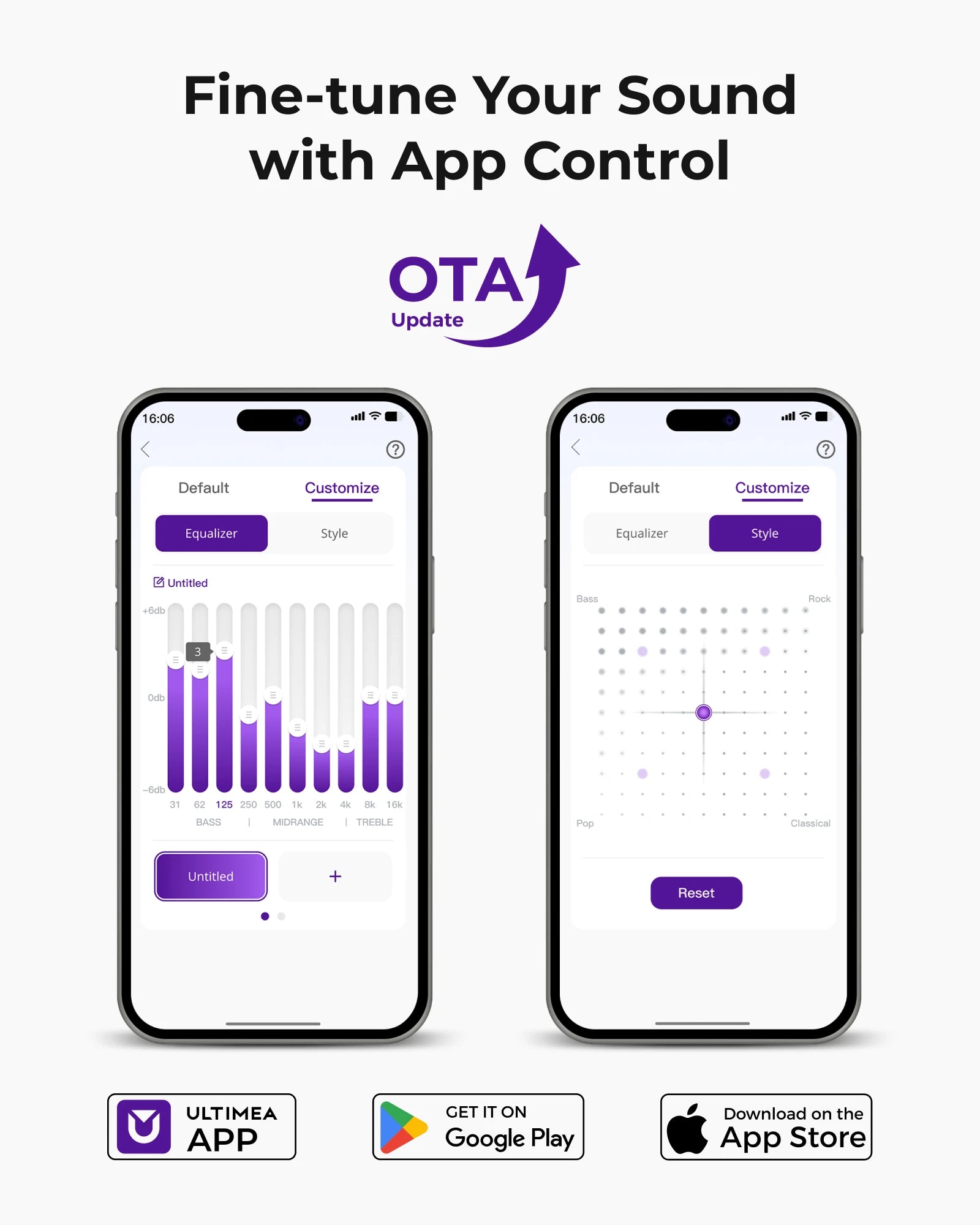 Two smartphone screens displaying sound control app interface with OTA Update logo.