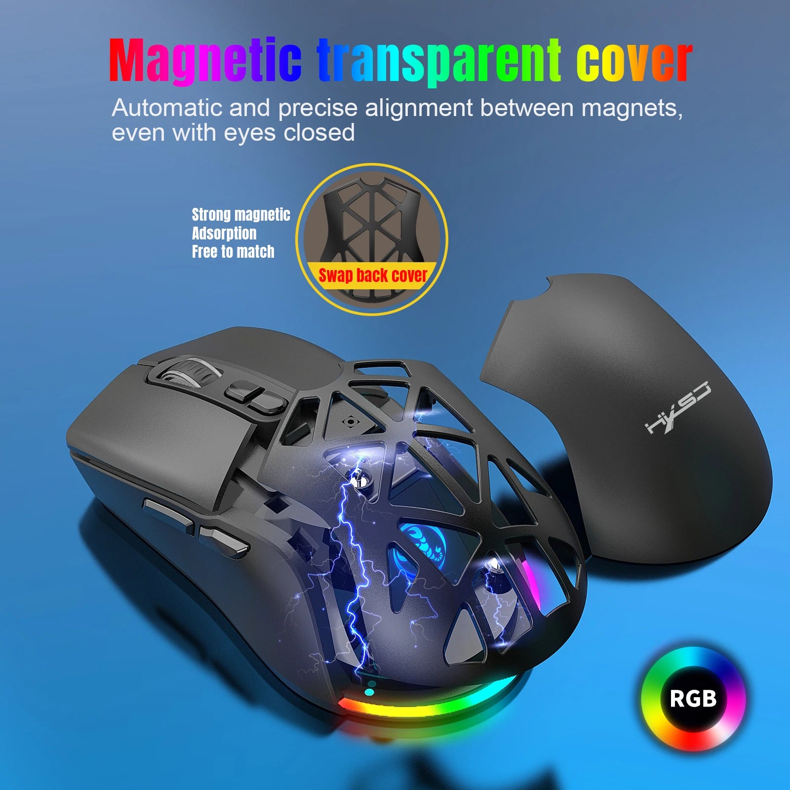 Gaming mouse with transparent cover featuring RGB lighting on a blue background