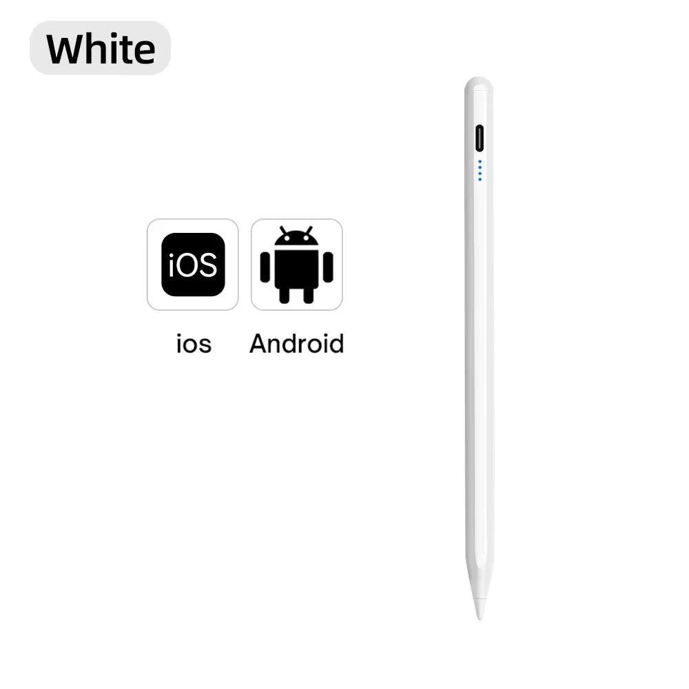 White stylus pen with iOS and Android compatibility icons on a white background