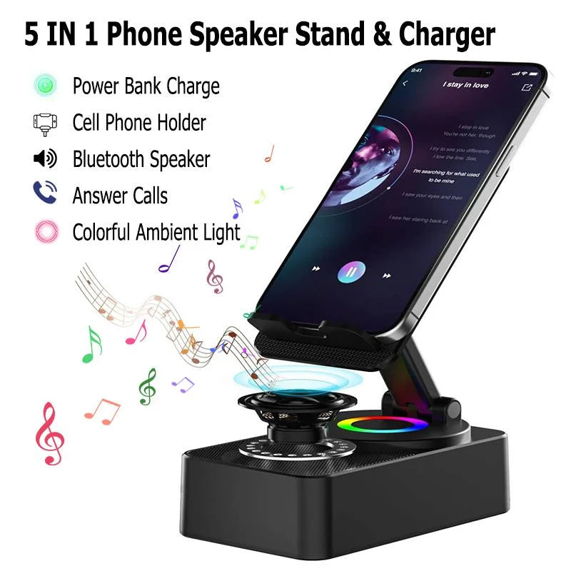 5-in-1 phone speaker stand and charger with smartphone on top, colorful lights, and musical notes.