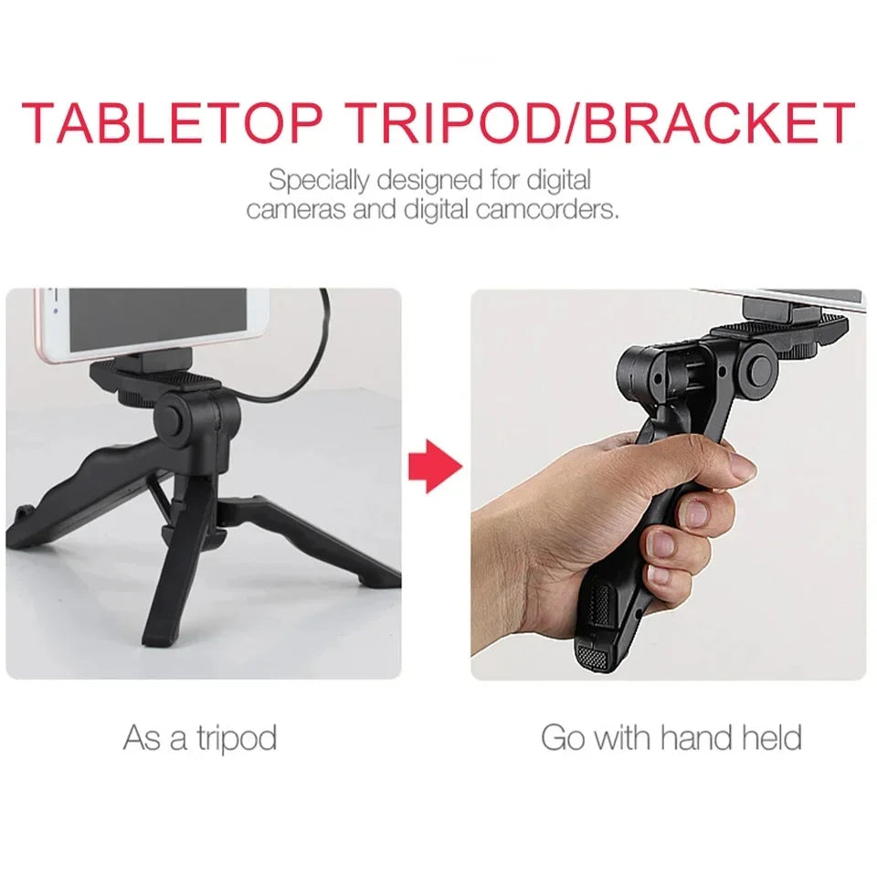 Tabletop tripod/bracket with images showing use as a tripod and handheld.