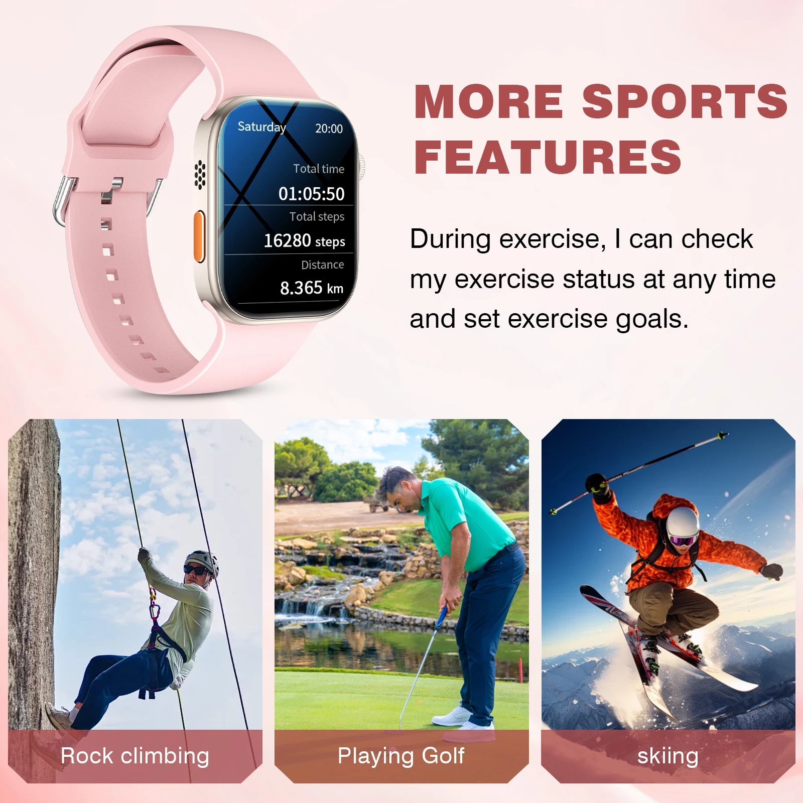Smartwatch with pink band displaying exercise stats, surrounded by activities like rock climbing, playing golf, and skiing.