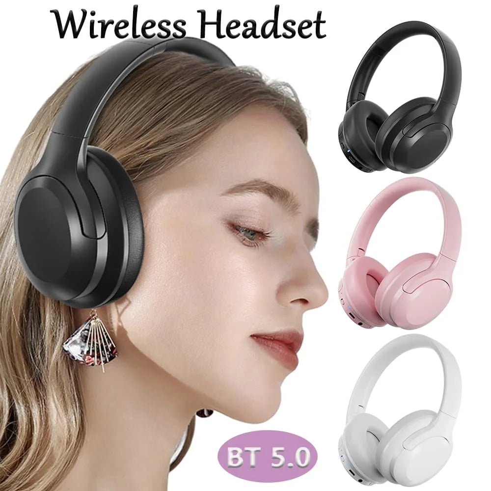 Wireless headset worn by a woman with additional colors shown on a white background