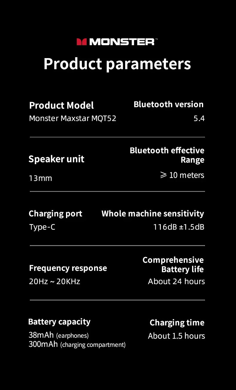 Product parameters of Monster Bluetooth speaker on a black background