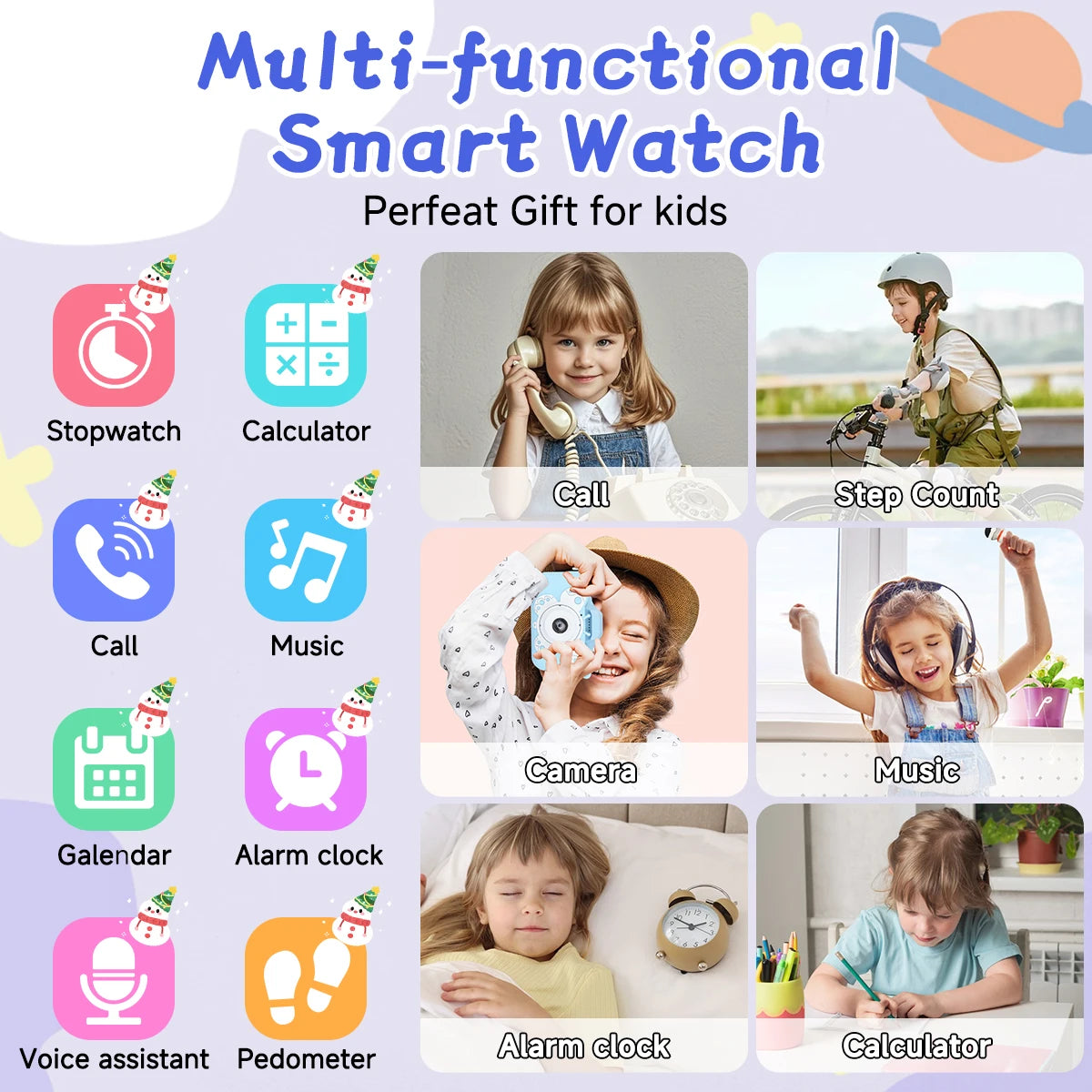 Multifunctional smart watch for kids with various features and applications.