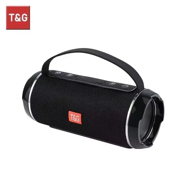 Black portable speaker with T&G logo on a white background