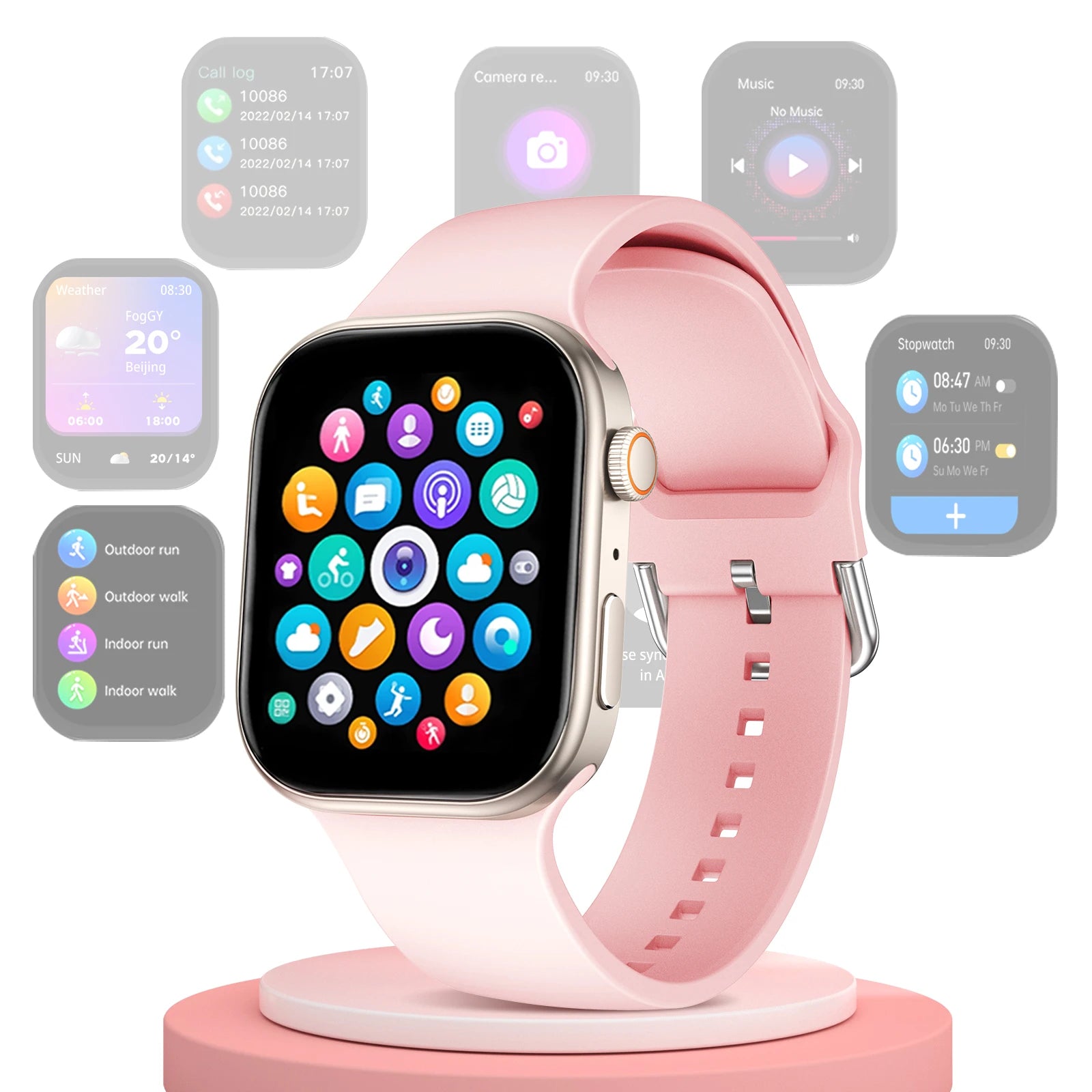 Smartwatch with pink band on a charging stand, surrounded by app icons on a white background