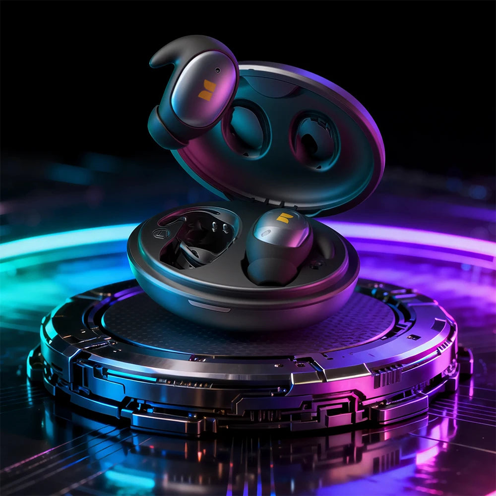 Wireless earbuds in a futuristic charging case on a reflective surface with colorful lighting.