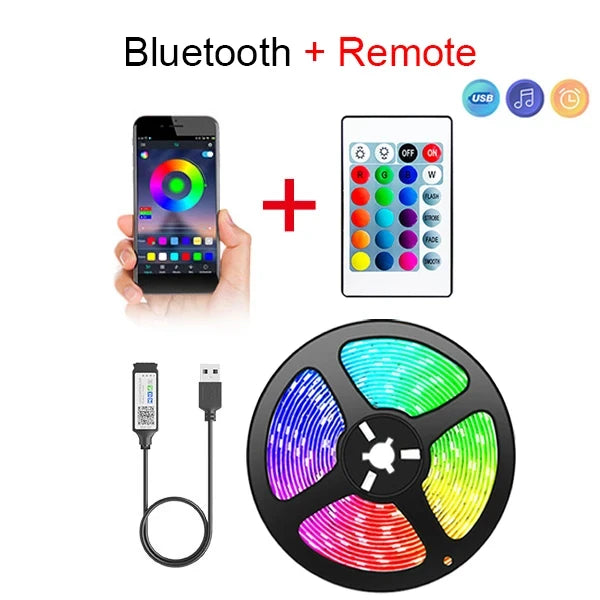 LED strip light set with Bluetooth remote control, smartphone app, and USB cable on a white background.