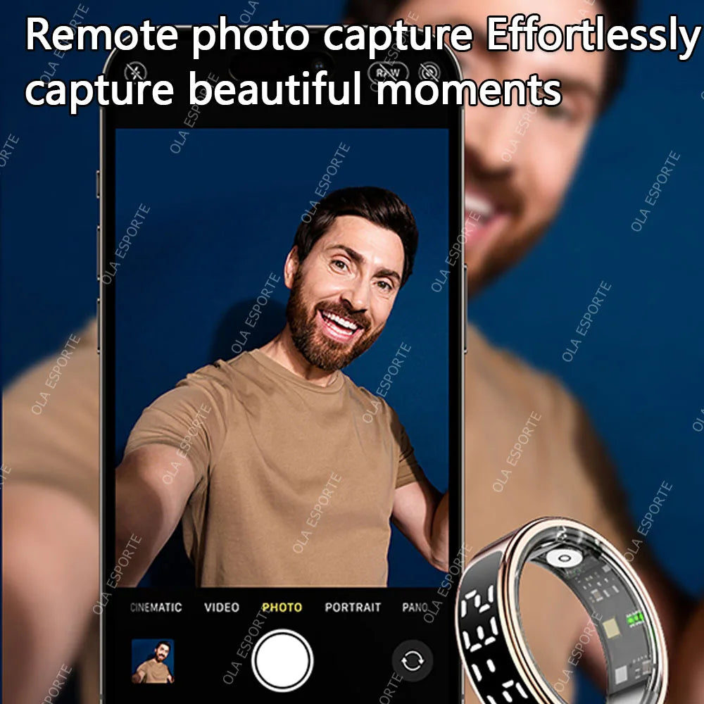 Smartphone displaying a photo of a man with a camera app interface, next to a smartwatch on a dark blue background.