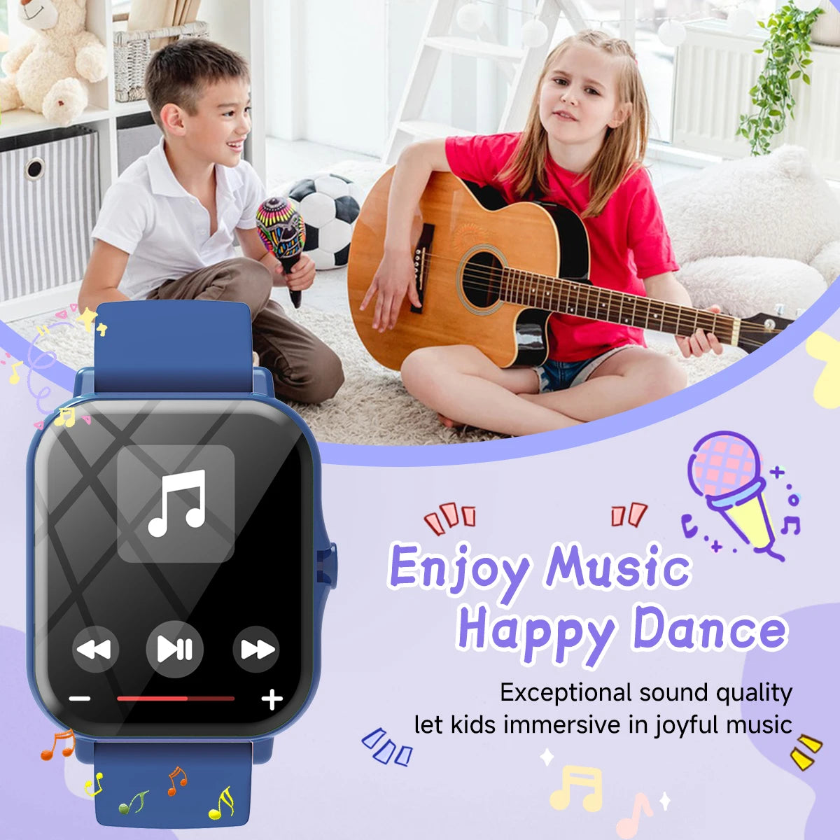 Children playing music instruments with a smartwatch on a colorful background