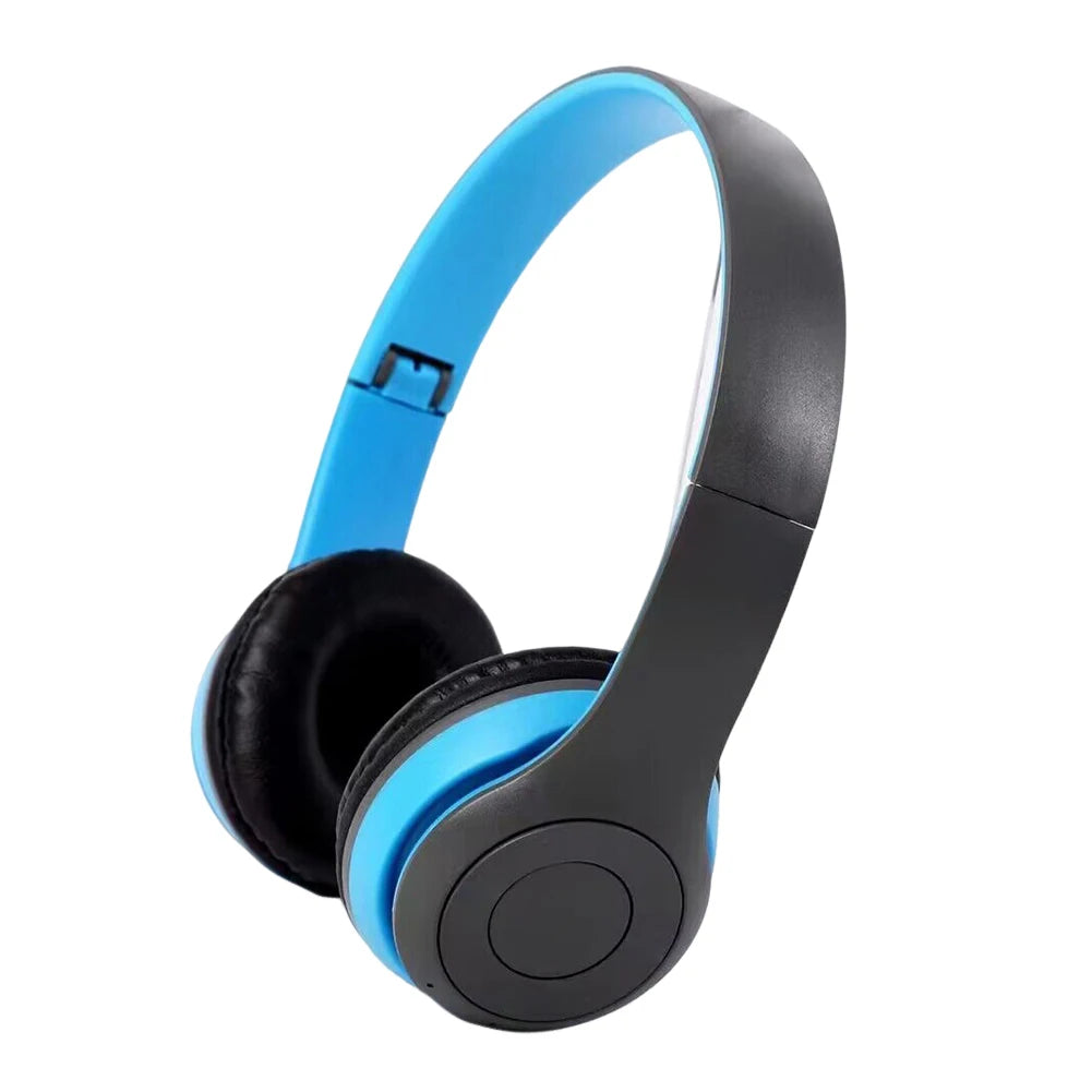 Black and blue headphones on a white background