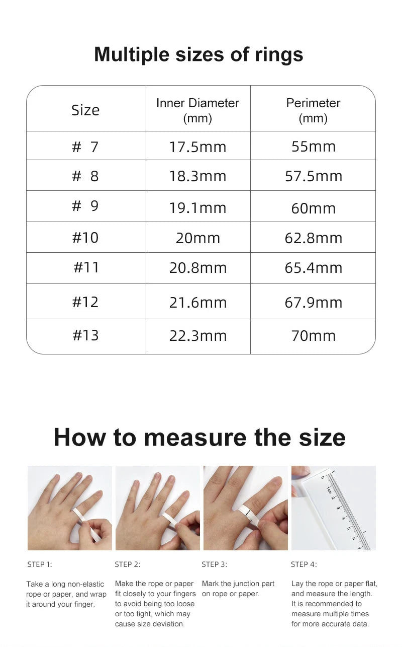 Table showing multiple sizes of rings with inner diameter and perimeter measurements, accompanied by instructions on how to measure ring size.