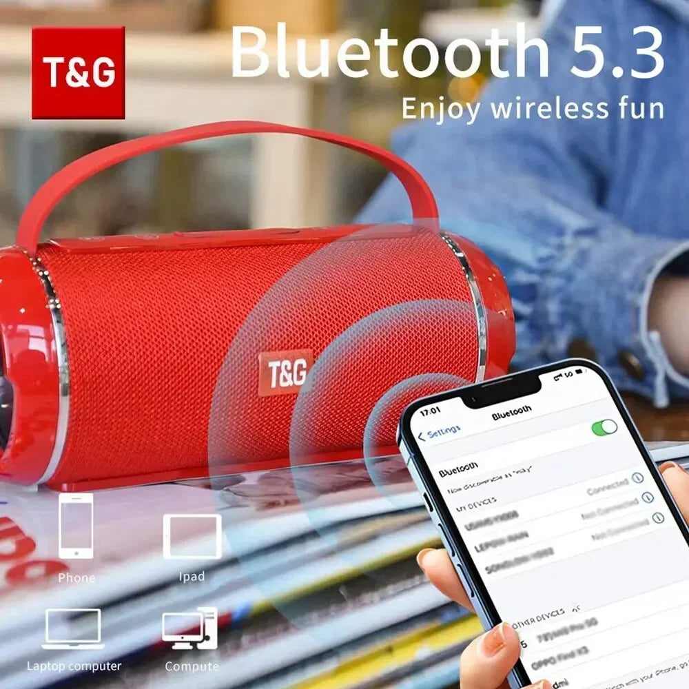 Red Bluetooth speaker with T&G branding and smartphone showing Bluetooth connection on a blurred background.