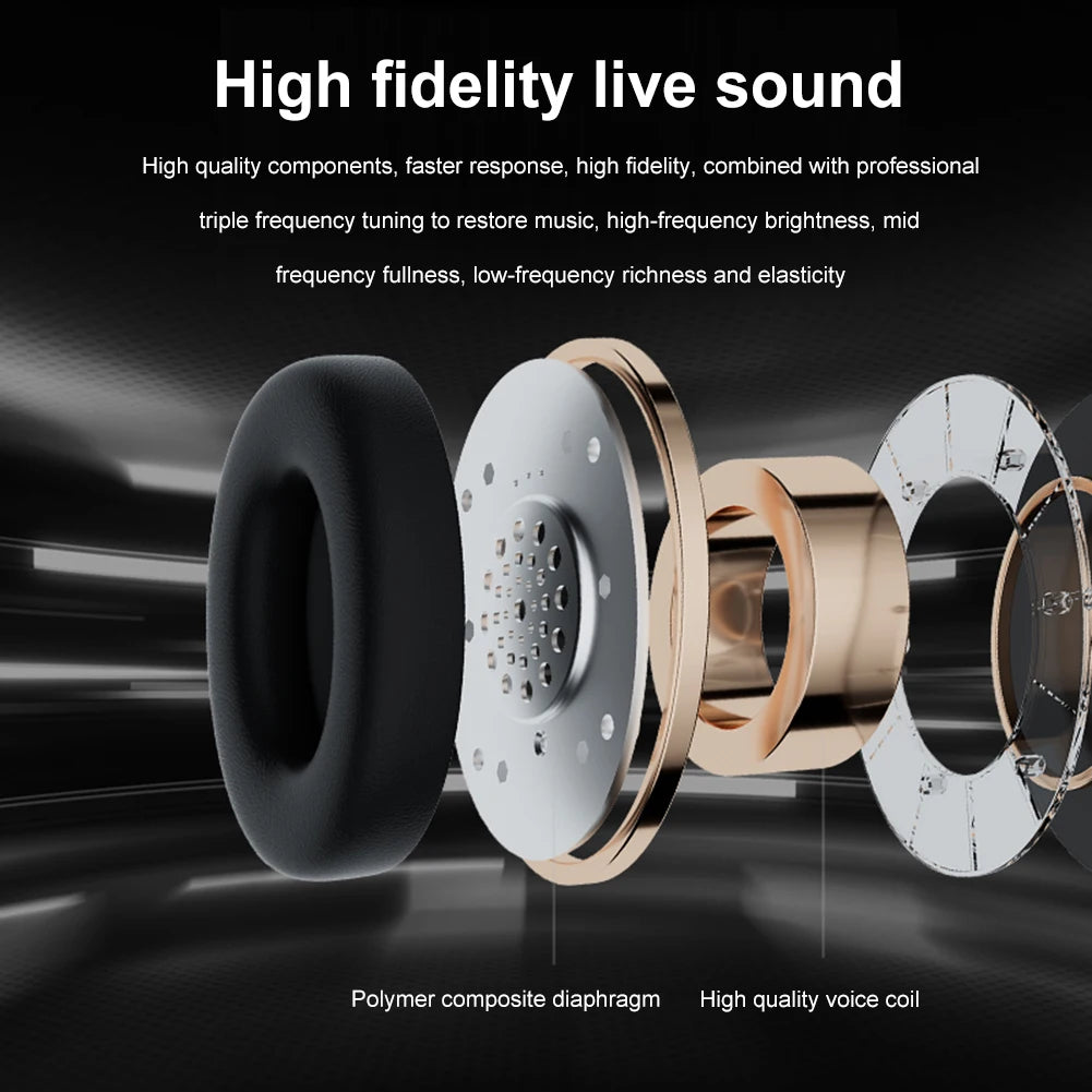 Close-up of audio components with text about high fidelity live sound on a dark background