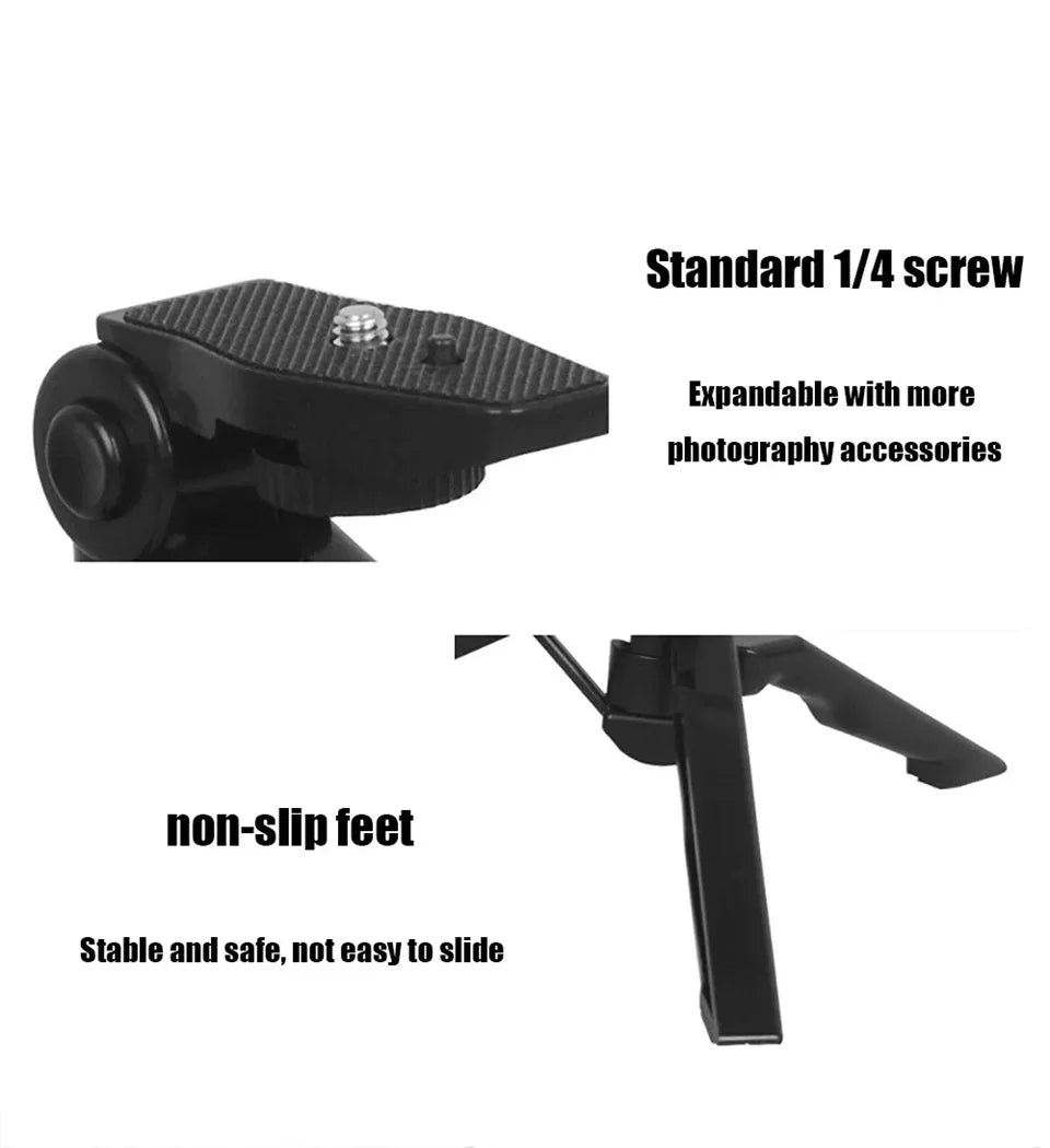 Black camera tripod with standard 1/4 screw and non-slip feet on a white background