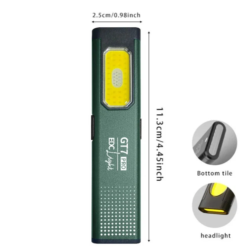 Green flashlight with measurements and details on a white background