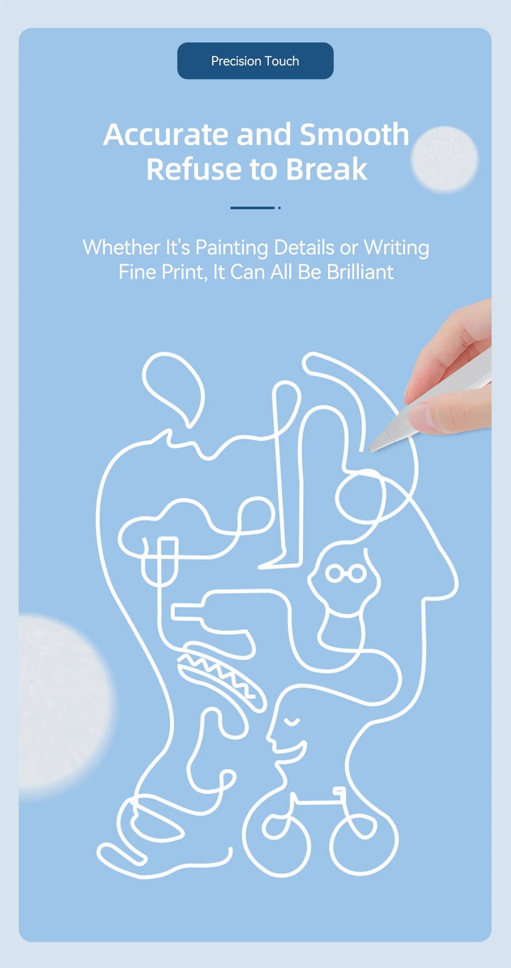 Blue screen with white line art and text about precision touch