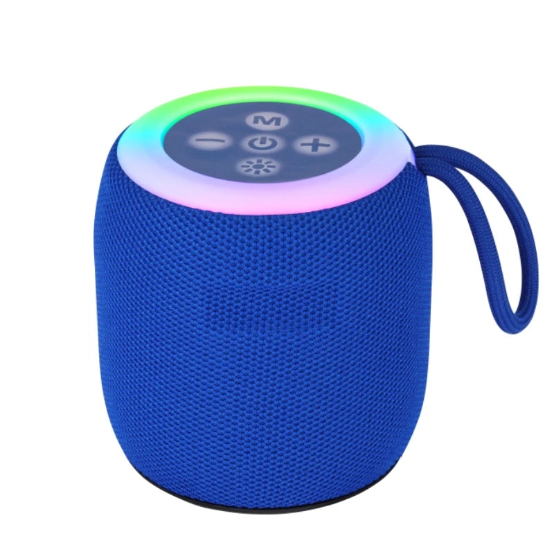 Blue portable speaker with colorful LED lights on a white background
