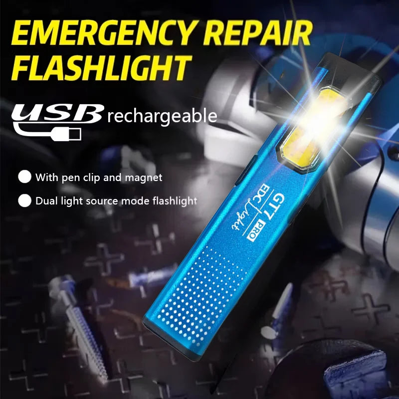 Emergency repair flashlight with USB rechargeability on a dark background