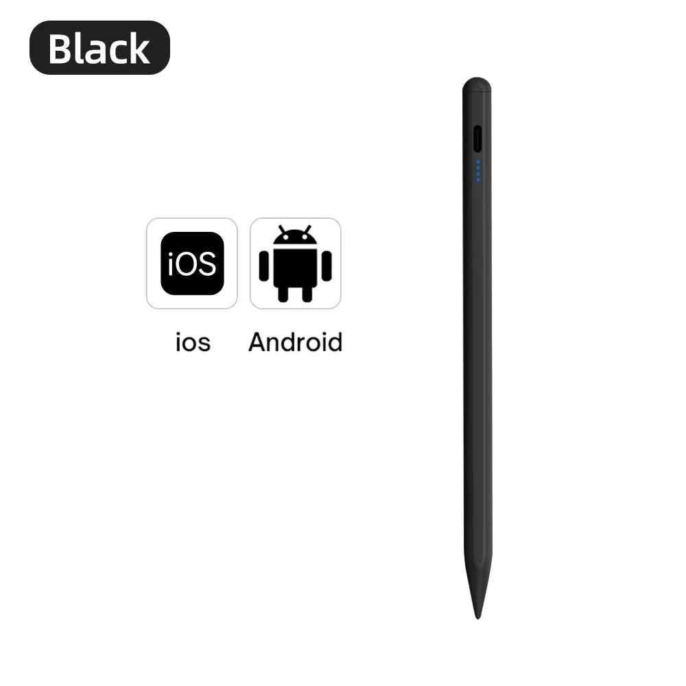 Black stylus pen with iOS and Android compatibility icons on a white background