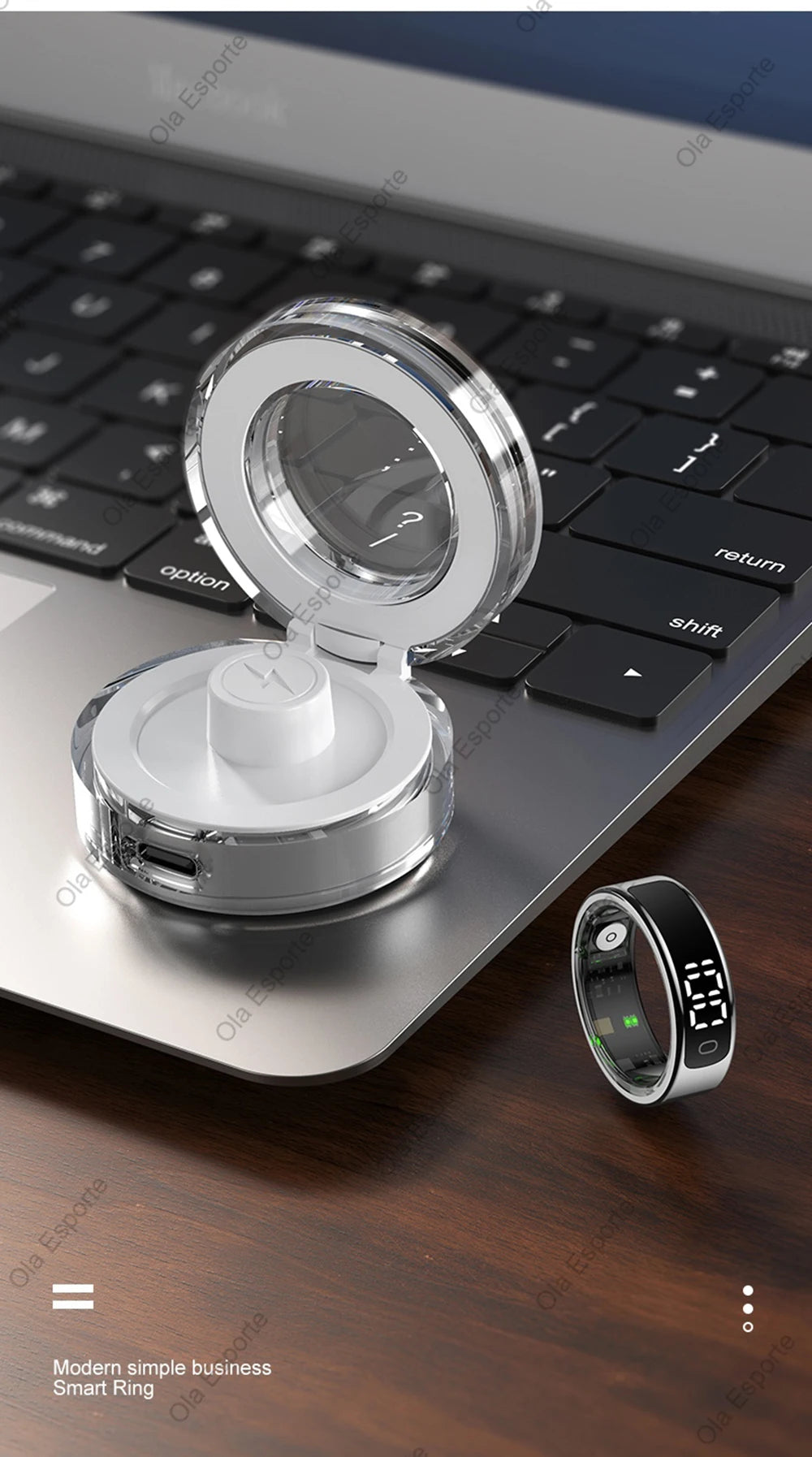 Smart ring with digital display on a laptop keyboard