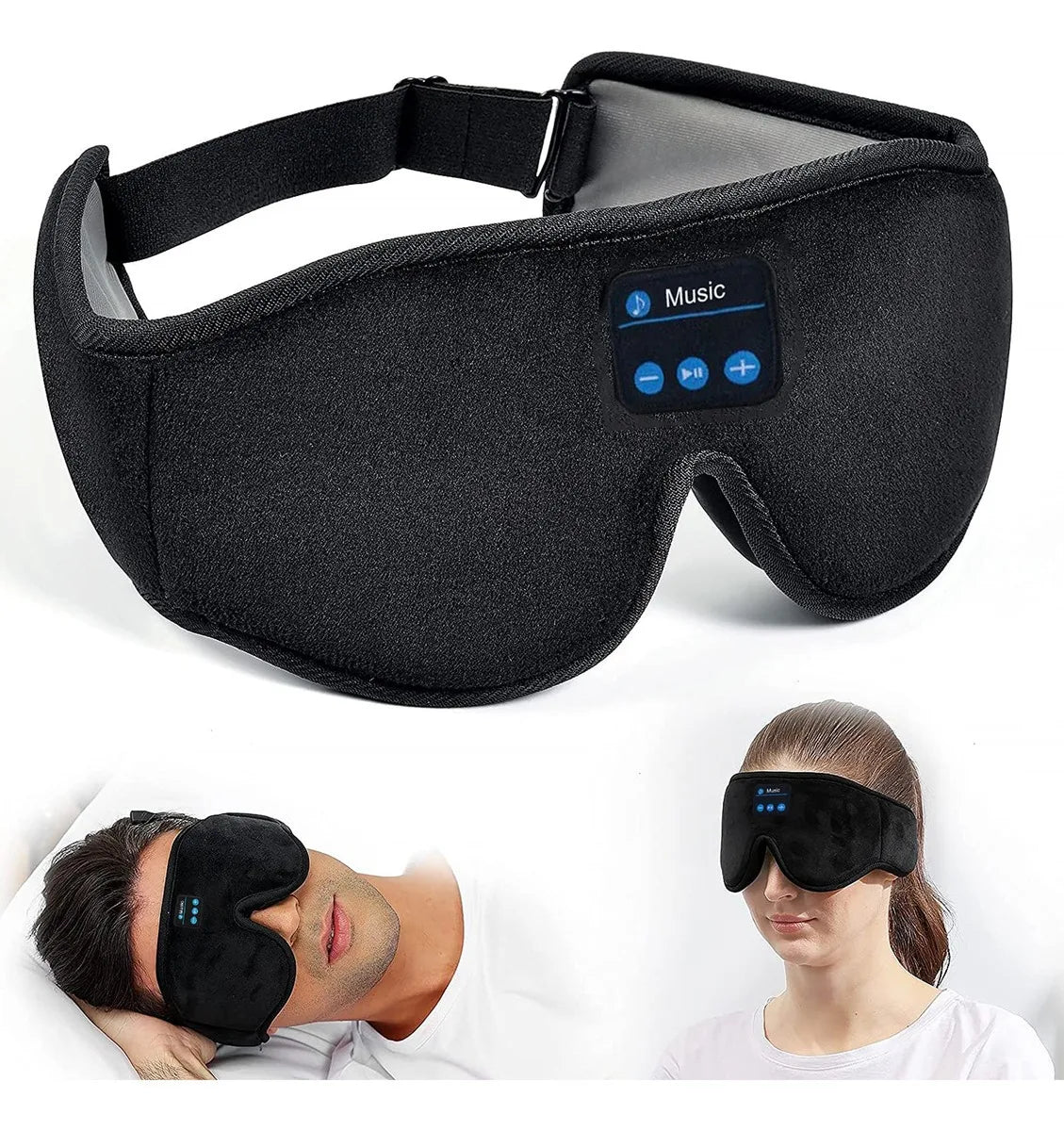 Black sleep mask with Bluetooth control panel on a white background, worn by a man and a woman.