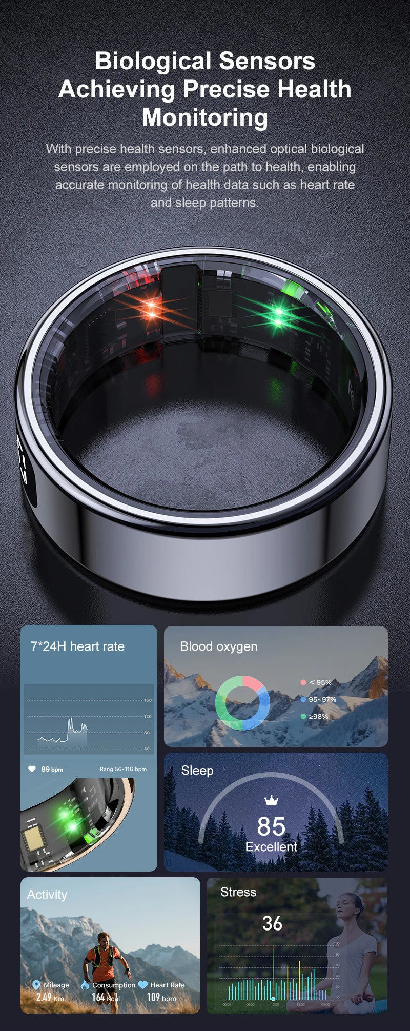 Smart ring with health monitoring features and data display on a dark background