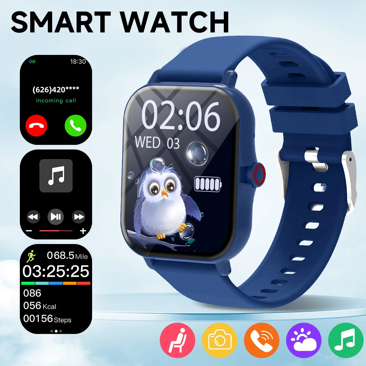 Smart watch with blue band and screen displaying various icons on a light blue background