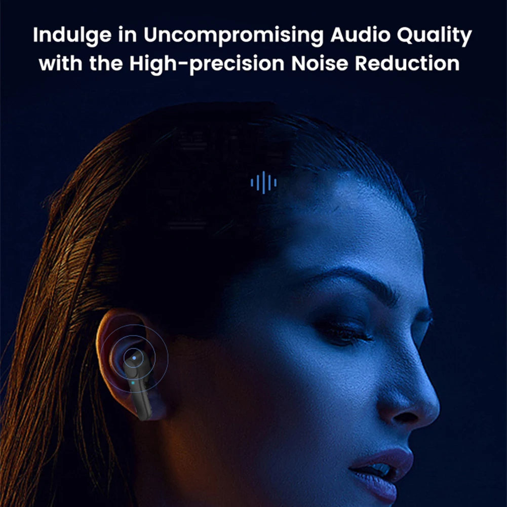 Person wearing a wireless earbud with text about high-precision noise reduction technology.
